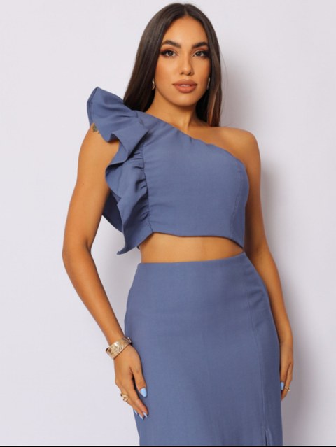 Conjunto Cropped com babado e Saia Midi