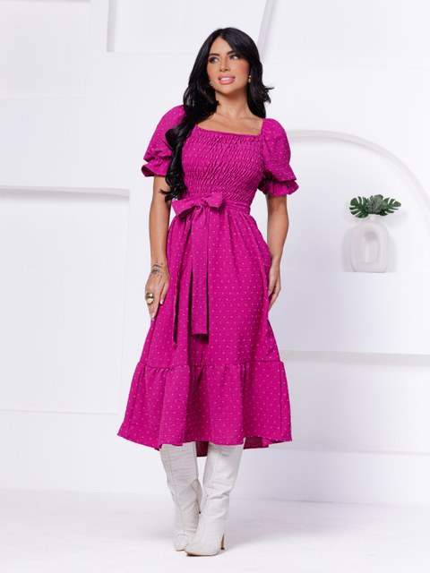 Vestido Longo de Lastex Com Manga Princesa e Cinto Folhada Duna Pipoca