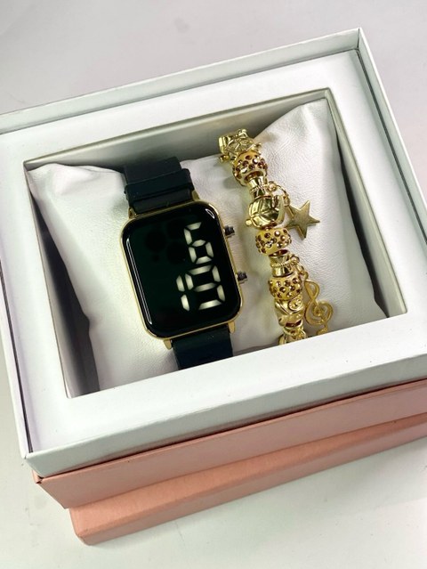 Kit relógio digital pulseira de borracha resistente a água