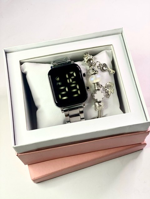 Kit relógio digital com pulseira de metal resistente à água