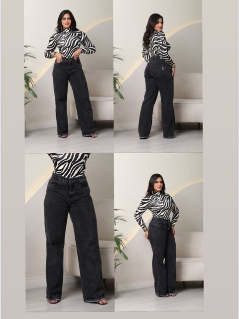 Wide leg jeans preta estonada