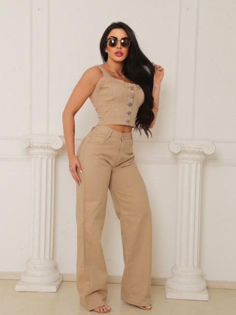 Calça jeans wide leg bege