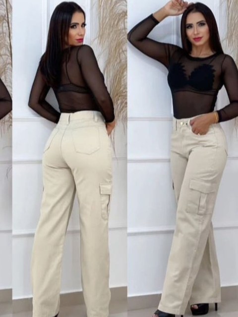 Cargo jeans bege wide leg pantalona feminina