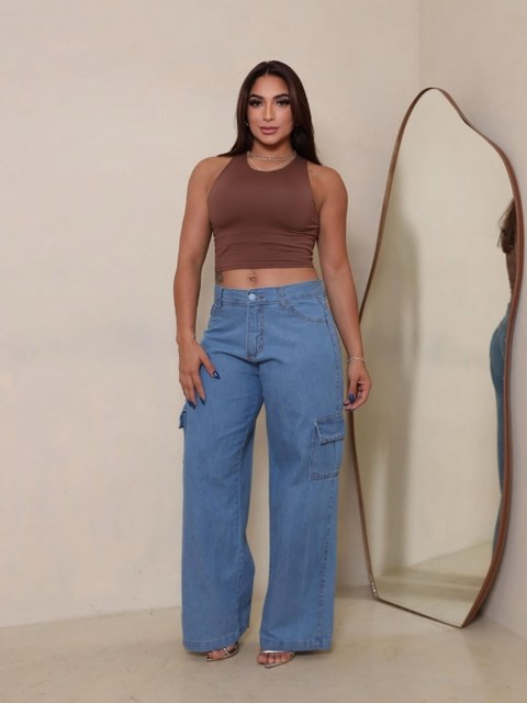 Cargo jeans wide leg pantalona feminina
