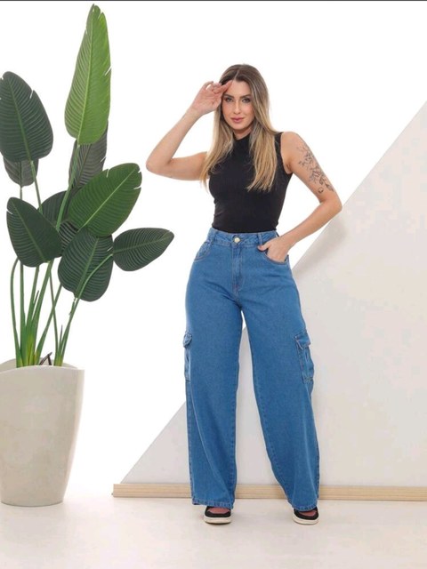 Calça Cargo jeans wide leg  pantalona feminina paul_a_beatri_z_jeans