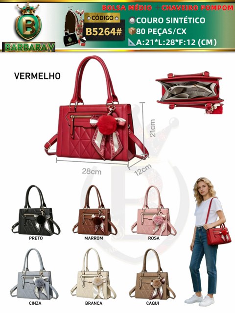 BARBARA V BOLSAS/Bolsa médio com chaveiro pompom (B5264#)
