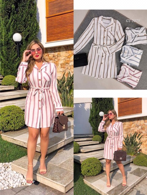 Vestido camisa chemise listrada social linho  GT-1079