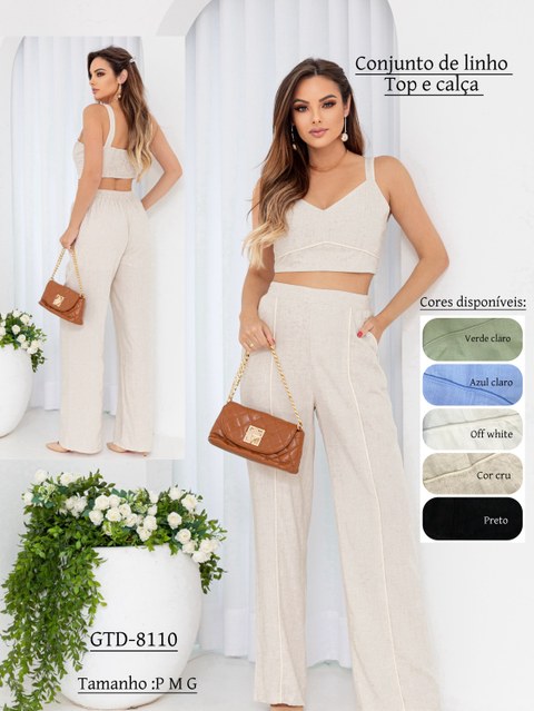 Conjunto de linho feminino calça e top GTD-8110