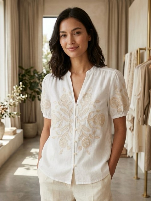 Camisa feminino de linho bordado X-018