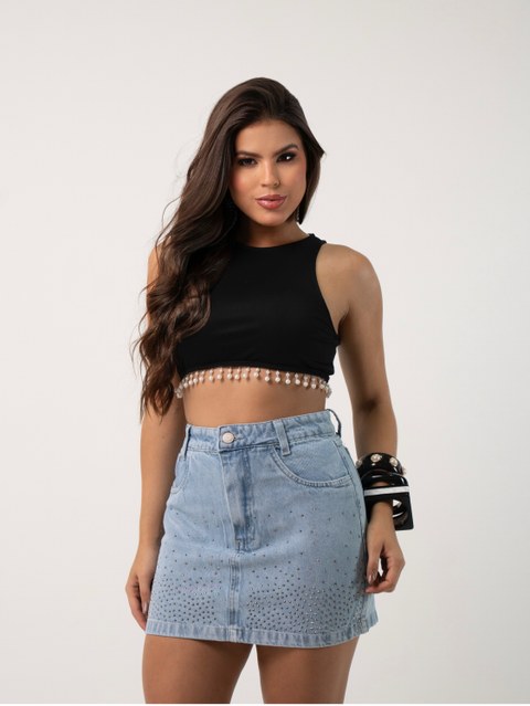 Saia jeans feminina de strass