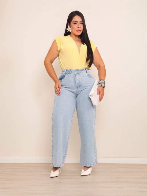 Calça wide leg jeans feminina plus size de strass