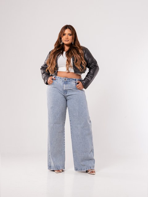 Calça wide leg jeans feminina plus size de strass