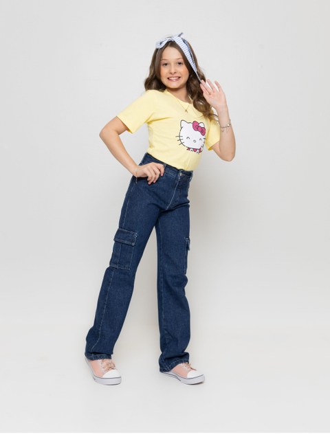 Calça wide leg cargo jeans infantil