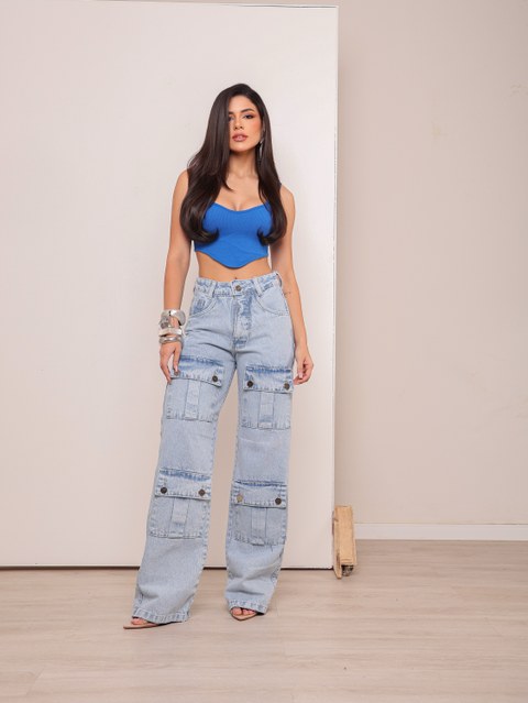 Calça wide leg cargo jeans feminina