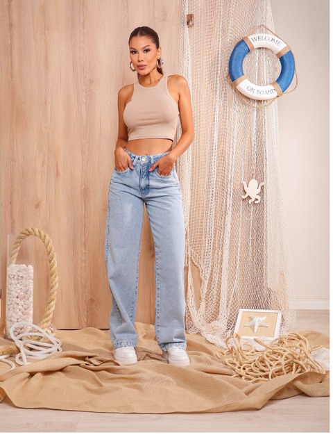 Calça wide leg jeans feminina