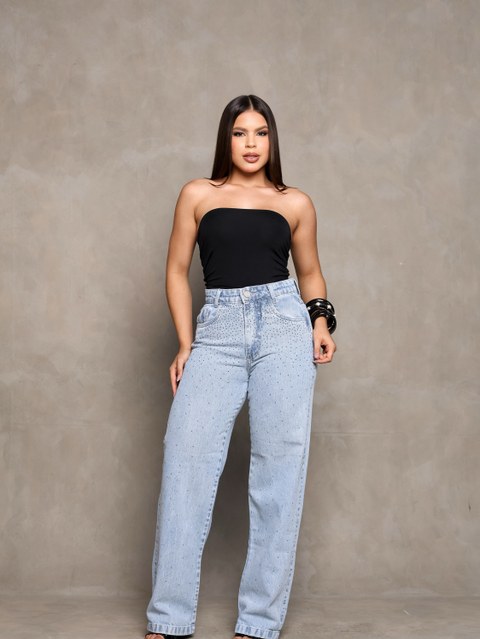 Calça wide leg jeans feminina de strass