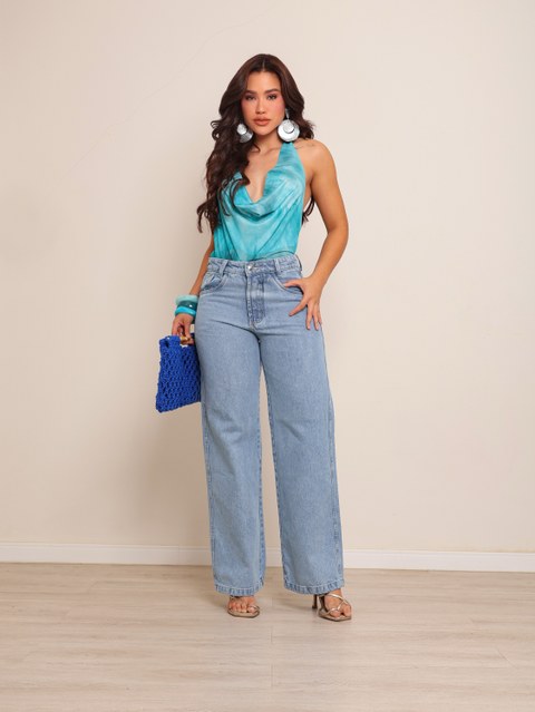 Calça wide leg jeans feminina