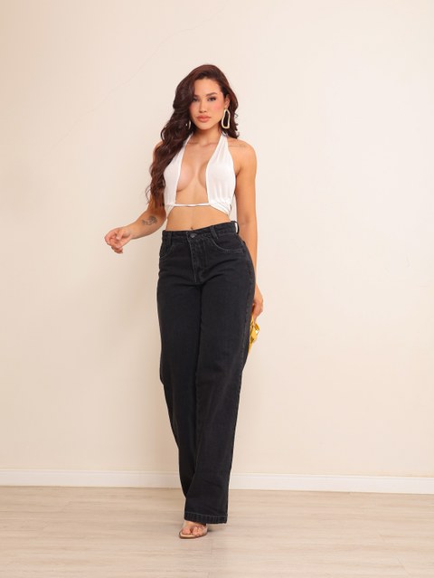 Calça wide leg jeans feminina