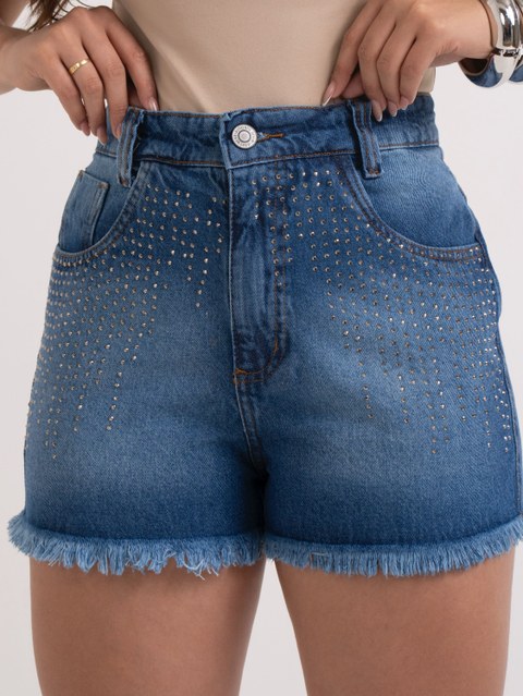 Short jeans feminino de strass