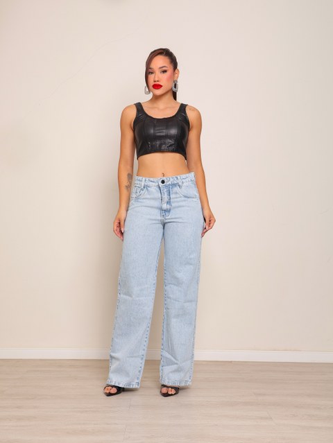 Calça wide leg jeans feminina