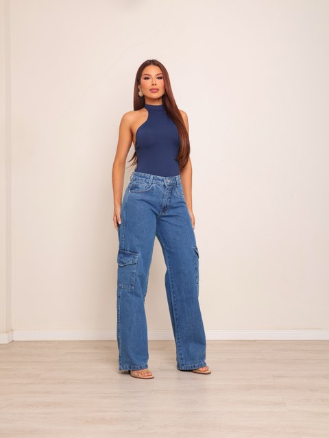 Calça wide leg cargo jeans feminina