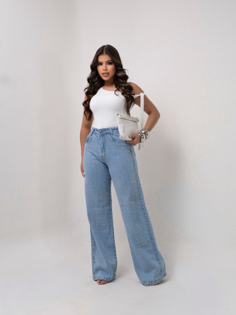 Calça wide leg jeans feminina de strass