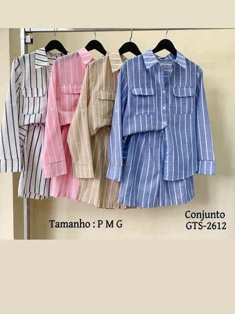 Conjunto camisa e short listrada linho feminina importado