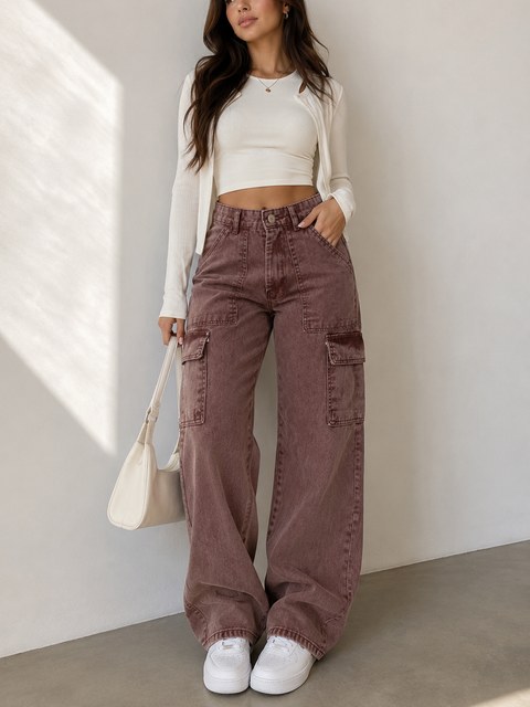 calça wide leg cargo jeans feminina