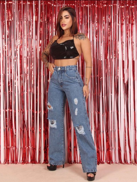 Calça wid leg rasgada