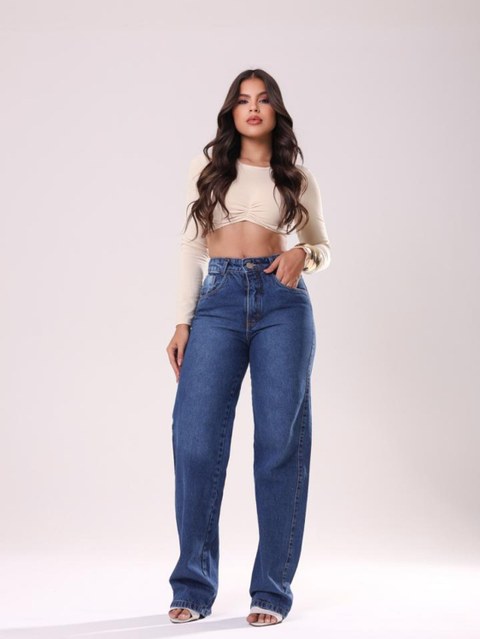 Calça wide leg jeans feminina