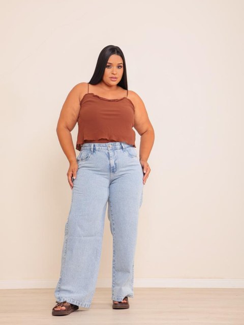 Calça wide leg jeans feminina plus size