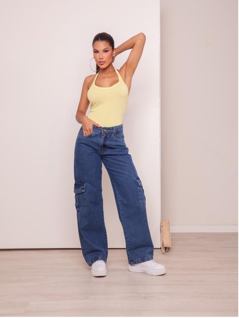 Calça wide leg cargo jeans feminina