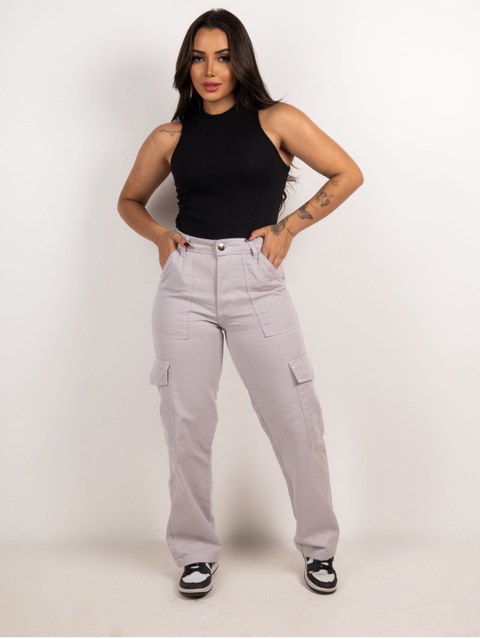 Calça wide leg cargo jeans feminina