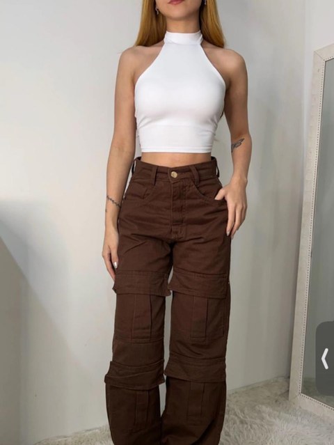 Calça wide leg cargo jeans feminina