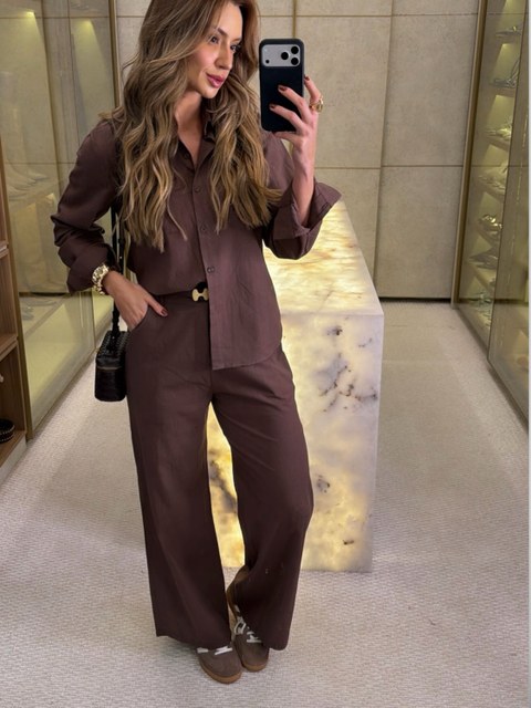 Conjunto de linho com cinto importado