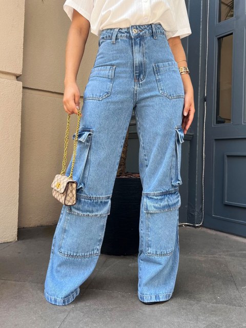 299-Calça cargo com maia bolso jeans sem lycra