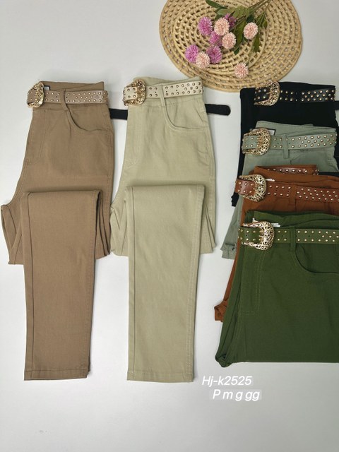 Calça sarja com Cinto de Fivela Dourada (K2525)