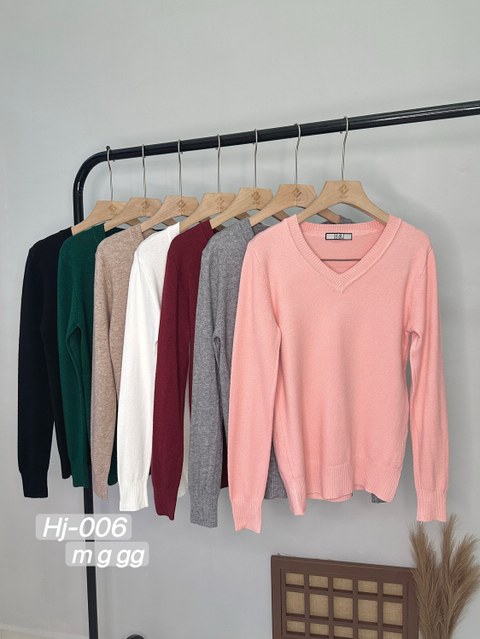 Blusa Feminina Tricot Básica Gola V (HJ006)