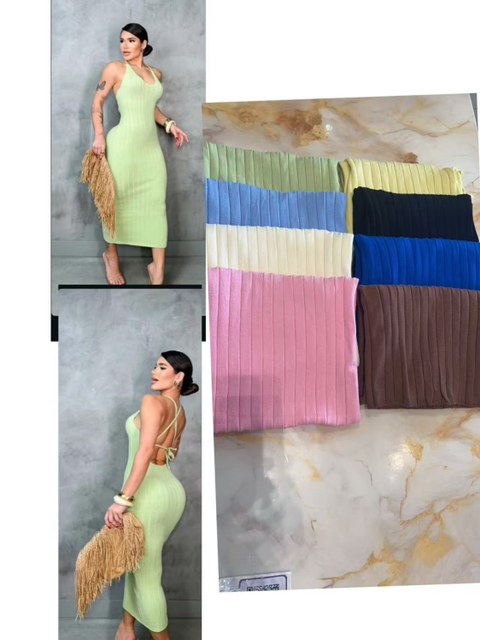 Vestido Midi Canelado com Amarração nas Costas