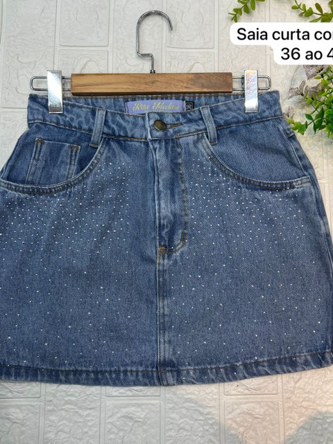 saia curta jeans com brilho com barra