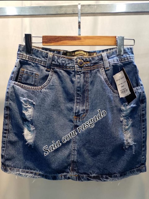 saia jeans curta com destroid