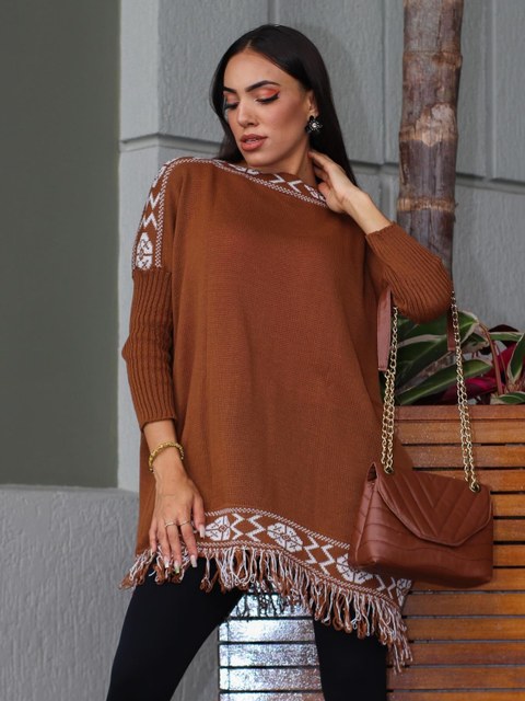 Poncho Franja Premium Tricô Luxo Moda Blogueira