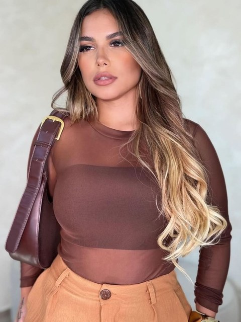 Body de Tule Marrom Tendência Moda Blogueira