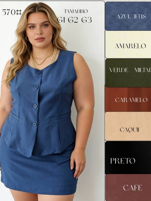 Conjunto plus size short saia+colete com bolso fake