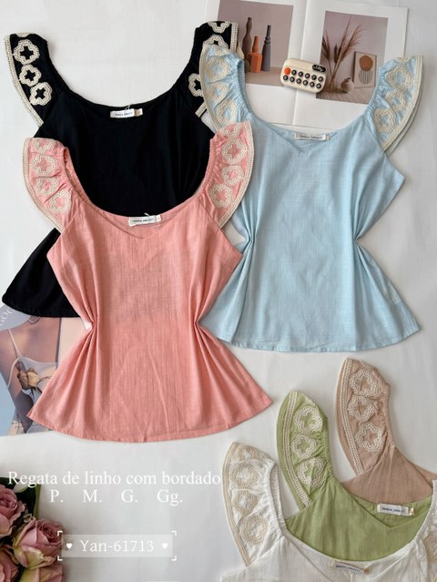 Regata de linho com bordado 61713# Yan modas