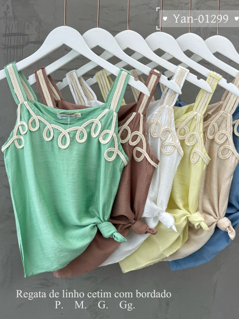 Regata de linho cetim com bordado 01299# Yan modas