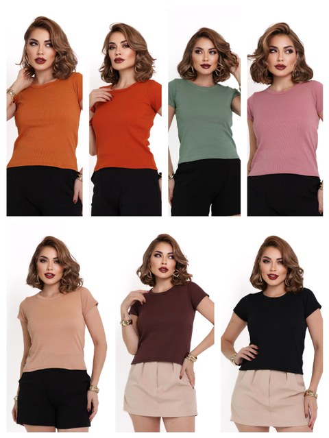 Blusa Feminina Canelada Básica Slim Fit Manga Curta