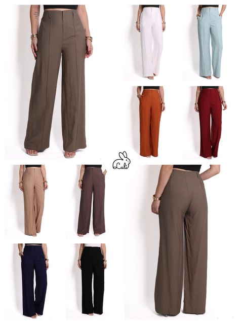 Calça pantalona feminina tecido sensoriale marrant com detalhes de linha na frente e zíper (sem cinto)