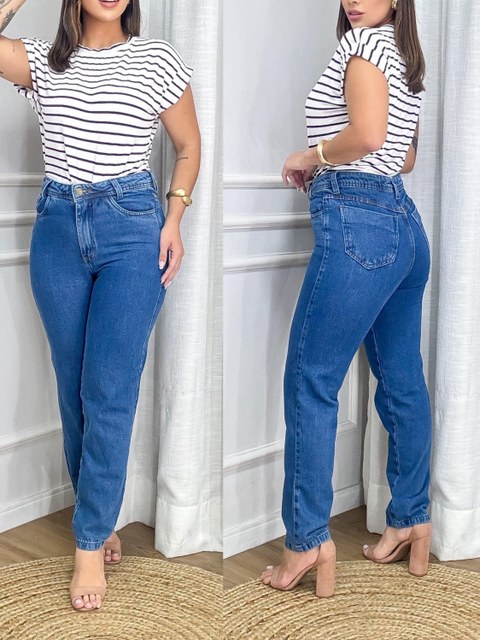 Calça Jenas mom feminina lisa