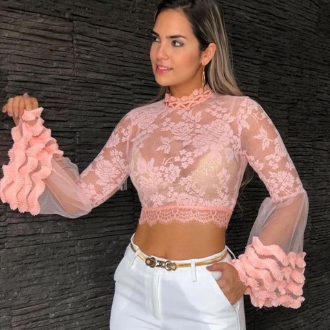 Afanda:AH1063- Crooped de renda com elastano,manga comprida flare